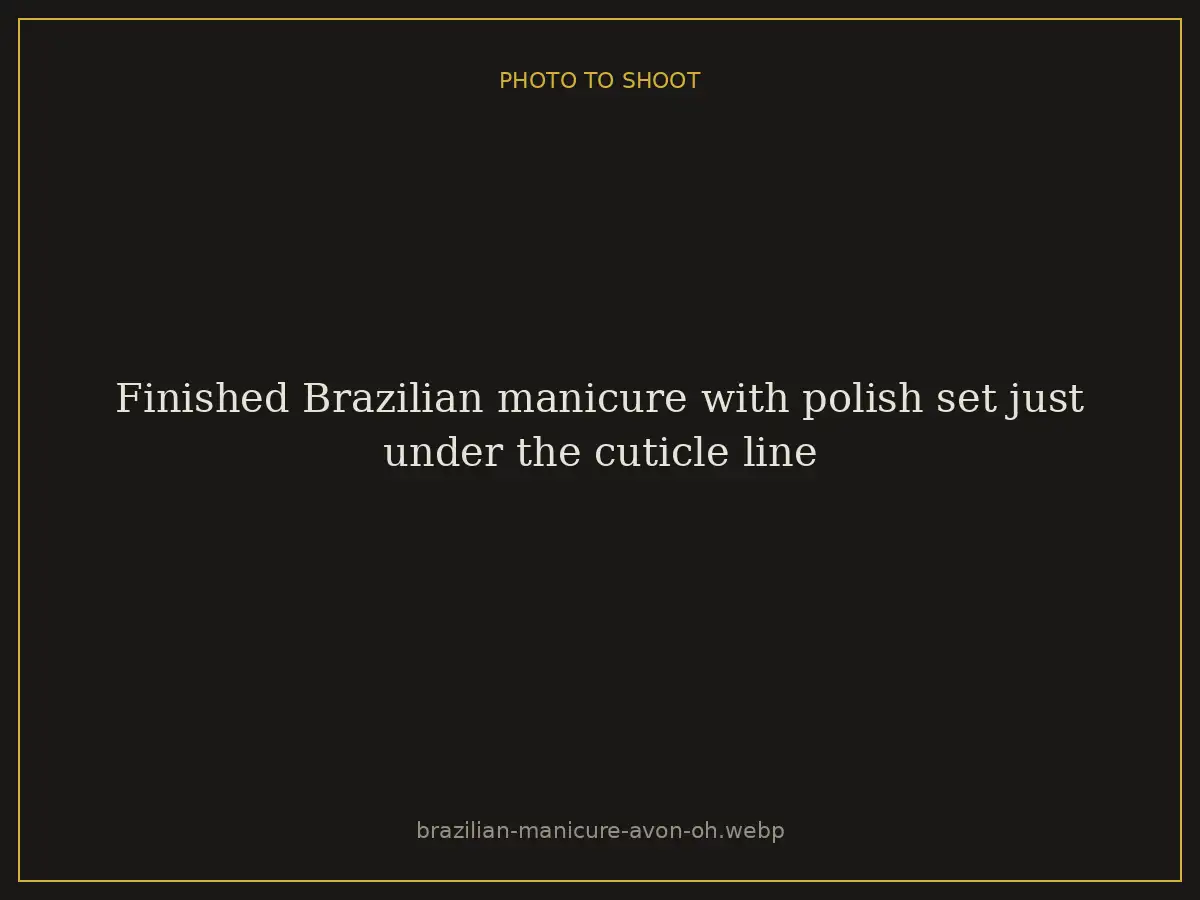 Finished Brazilian manicure with polish set just under the cuticle line at Brazilian Nails By Danielle in Westlake, Ohio, a short drive from Avon