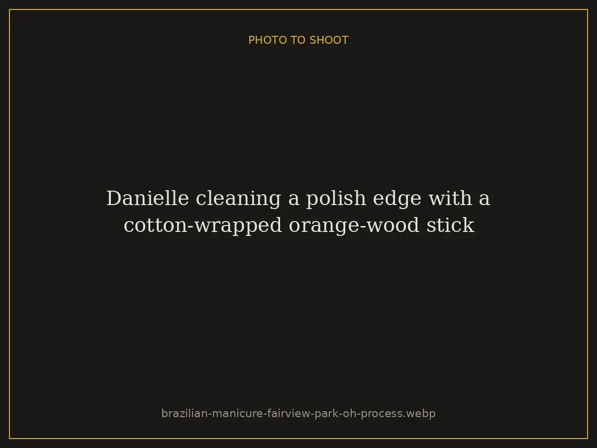 Danielle cleaning a polish edge with a cotton-wrapped orange-wood stick at Brazilian Nails By Danielle in Westlake, Ohio, a short drive from Fairview Park