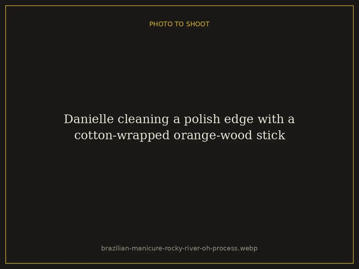 Danielle cleaning a polish edge with a cotton-wrapped orange-wood stick at Brazilian Nails By Danielle in Westlake, Ohio, a short drive from Rocky River