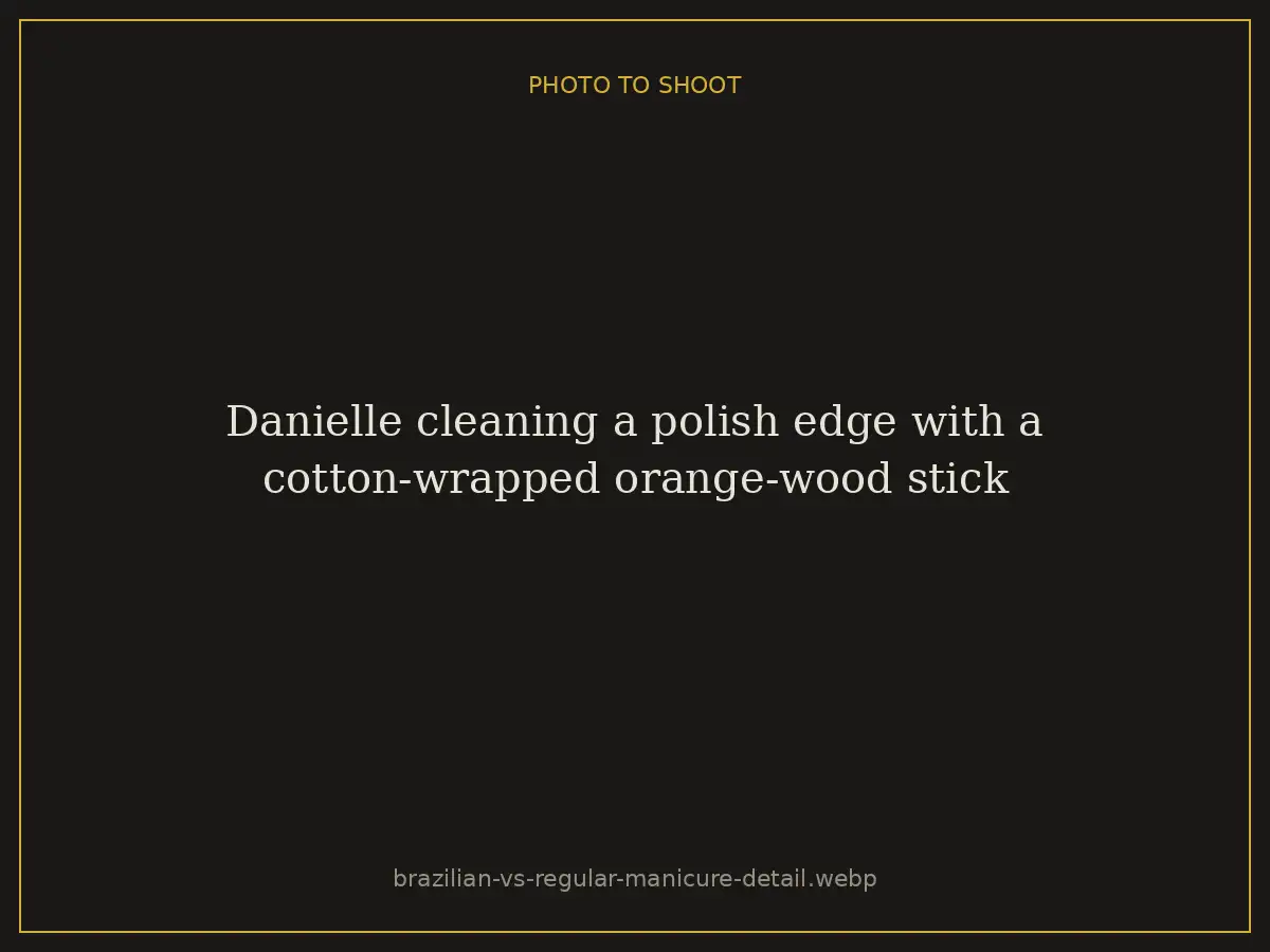 Danielle cleaning a polish edge with a cotton-wrapped orange-wood stick at Brazilian Nails By Danielle in Westlake, Ohio