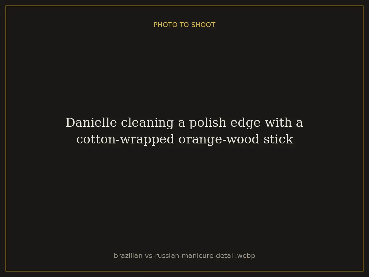 Danielle cleaning a polish edge with a cotton-wrapped orange-wood stick at Brazilian Nails By Danielle in Westlake, Ohio