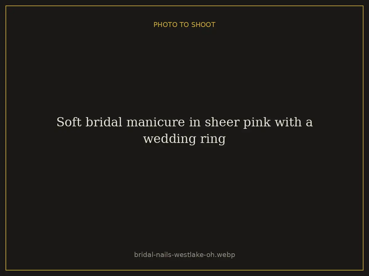 Soft bridal manicure in sheer pink with a wedding ring at Brazilian Nails By Danielle in Westlake, Ohio
