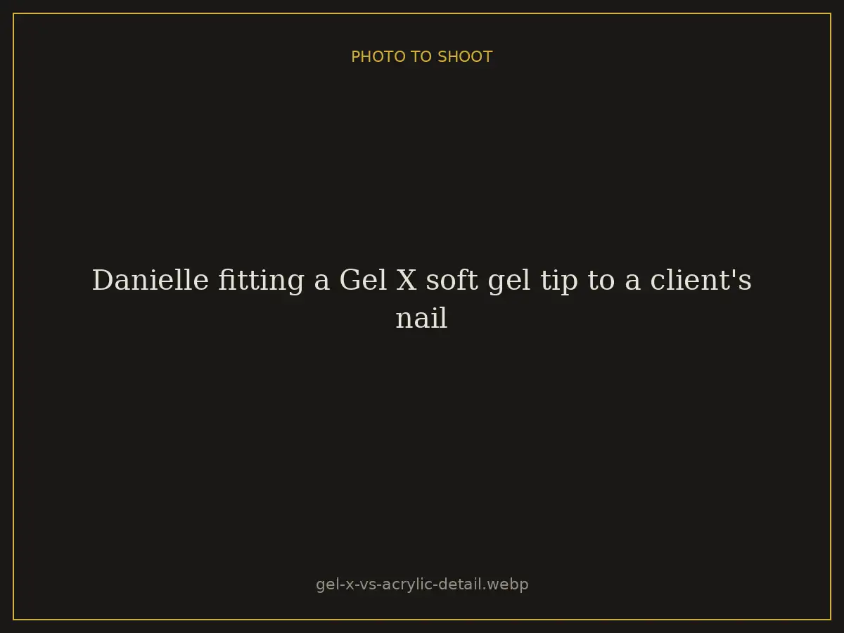 Danielle fitting a Gel X soft gel tip to a client's nail at Brazilian Nails By Danielle in Westlake, Ohio