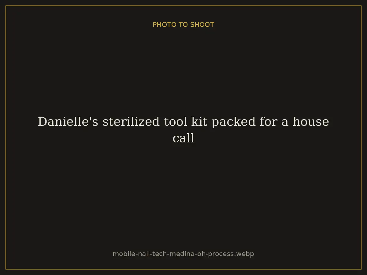 Danielle's sterilized tool kit packed for a house call at Brazilian Nails By Danielle in Westlake, Ohio, a short drive from Medina