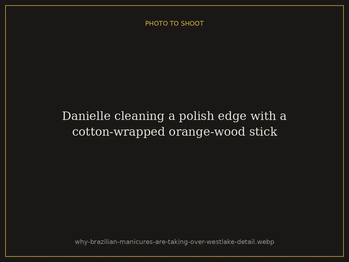 Danielle cleaning a polish edge with a cotton-wrapped orange-wood stick at Brazilian Nails By Danielle in Westlake, Ohio